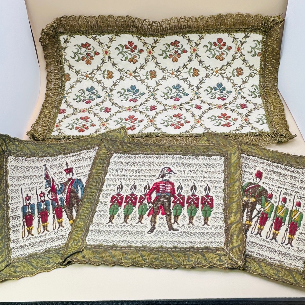 Vintage Embroidered Velvet Tapestry Doilies Set of 4 Military Floral Gold Fringe